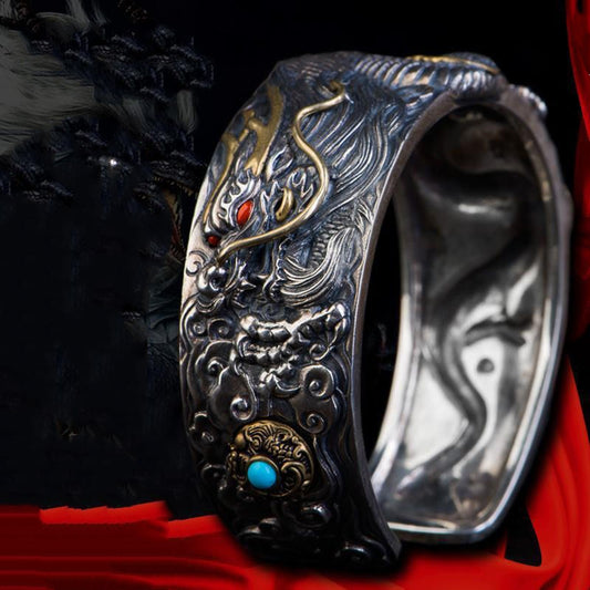 Rockyu 龍神シルバーリング メンズ レディース 太め 龍頭竜爪デザイン 開運お守りアクセサリー