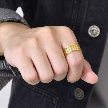 Rockyu ステンレススチールスピンリング 9mm幅 メンズ チタン風ギアデザイン