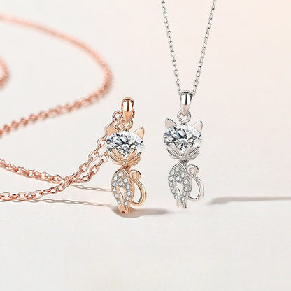 Rockyu ネックレス レディース 猫モチーフ シルバー925 ジルコニア CZダイヤ 一粒 純銀製 ペンダント