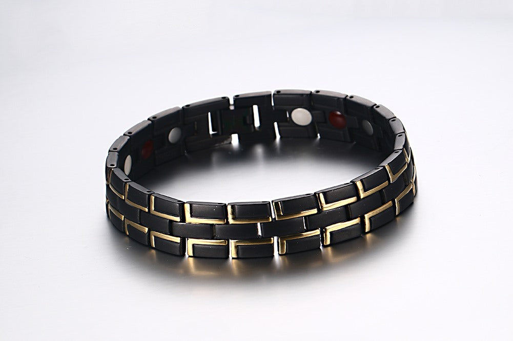 Rockyu メンズ 磁気ブレスレット ステンレス製 3連デザイン ブラック×ゴールド 高級感 シンプルおしゃれ