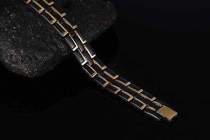 Rockyu メンズ 磁気ブレスレット ステンレス製 3連デザイン ブラック×ゴールド 高級感 シンプルおしゃれ