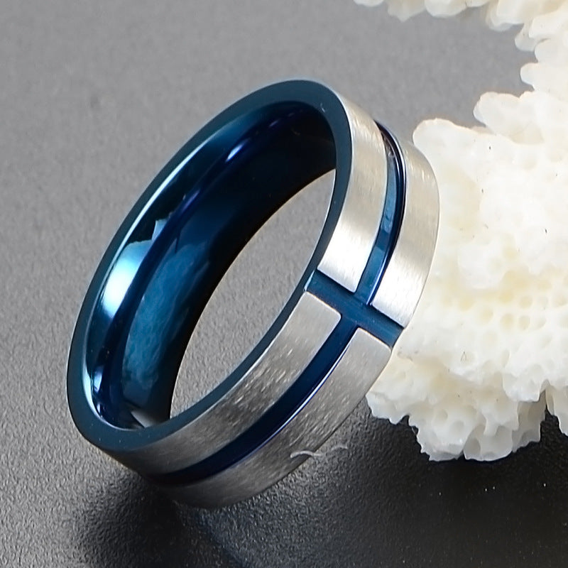 Rockyu タングステンリング メンズ シルバーとブルーが映えるクロスラインデザイン