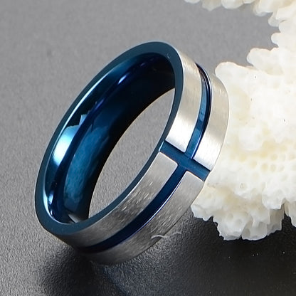 Rockyu タングステンリング メンズ シルバーとブルーが映えるクロスラインデザイン