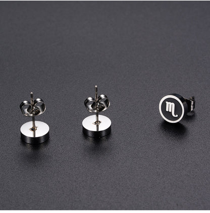 Rockyu 星座ピアス 8mm ブラックステンレス アンティーク風ユニセックスアクセ