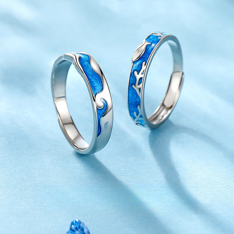 Rockyu ペアリング シルバー925 波と珊瑚デザイン フリーサイズ カップル指輪