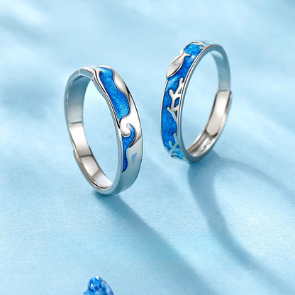 Rockyu ペアリング シルバー925 波と珊瑚デザイン フリーサイズ カップル指輪