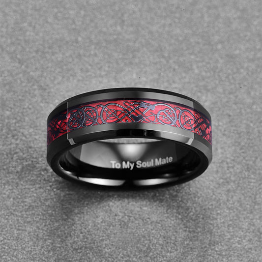 Rockyu ドラゴンモチーフ タングステンリング メンズ 8mm幅 カーボンファイバー×ブラック仕上げ