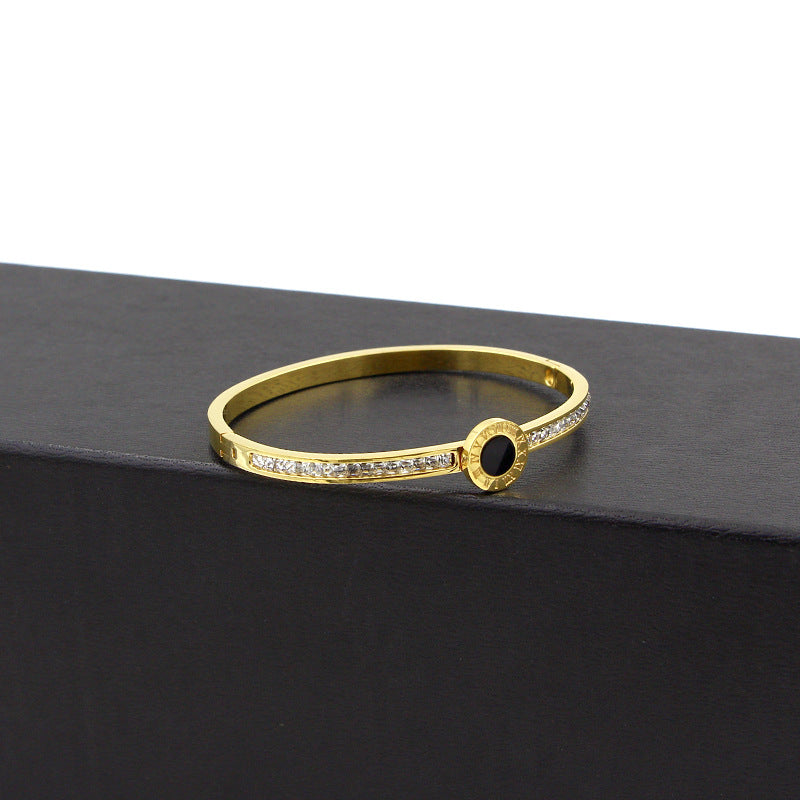 Rockyu バングル レディース ゴールド ステンレス ローマ数字 ラインストーン ジュエリー