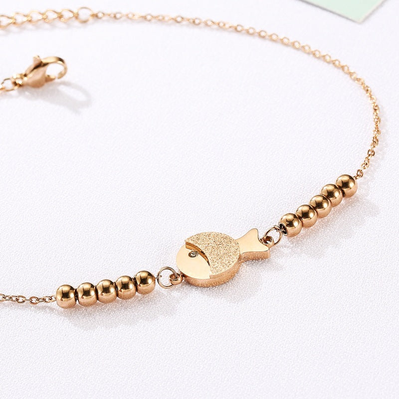 Rockyu レディースアンクレット ピンクゴールド 魚モチーフ チタン製 金属アレルギー対応