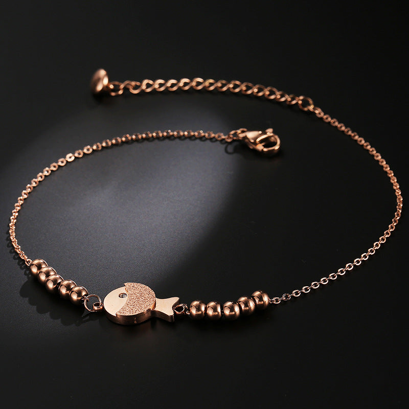 Rockyu レディースアンクレット ピンクゴールド 魚モチーフ チタン製 金属アレルギー対応