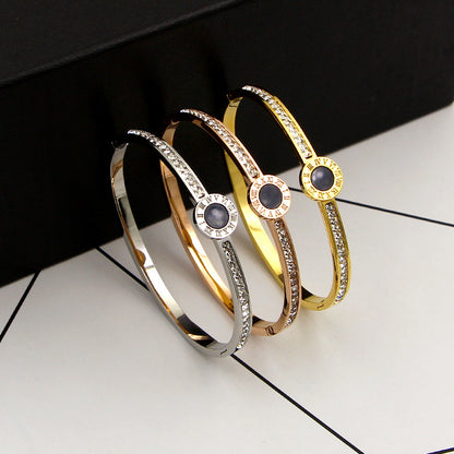 Rockyu バングル レディース ゴールド ステンレス ローマ数字 ラインストーン ジュエリー