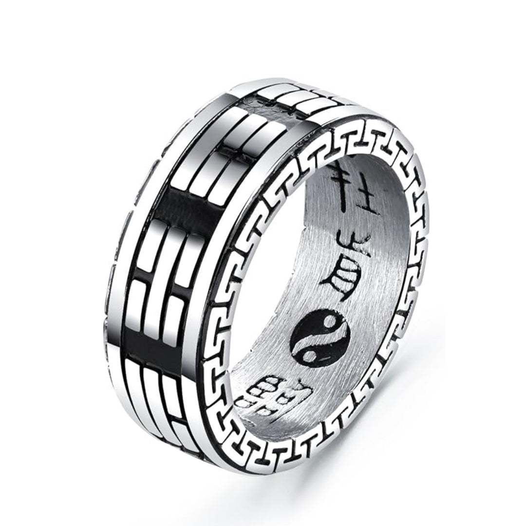 Rockyu メンズ ステンレスリング 六字真言デザイン 透かし彫り 8mm幅