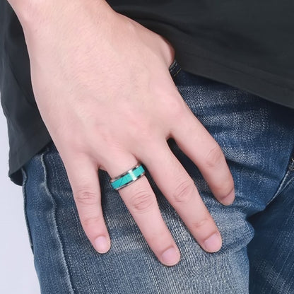 Rockyu タングステン 8mm ターコイズインレイリング メンズ レディース 幅広 ユニセックス