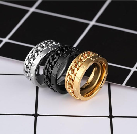 Rockyu ローマ数字チェーンリング メンズ ステンレス製 回転式 8mm おしゃれアクセサリー