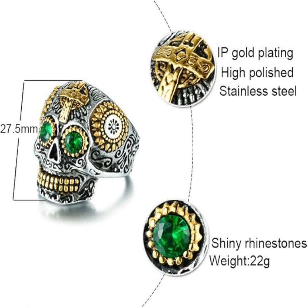 Rockyu 髑髏スカルリング メンズ｜ゴールドクロス×グリーンストーンのパンク指輪