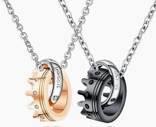 Rockyu ペアネックレス カップル用 王冠×2連リングデザイン ジルコニア付き