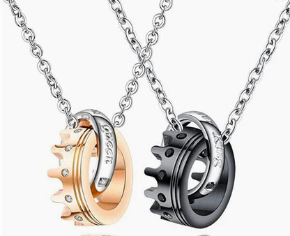 Rockyu ペアネックレス カップル用 王冠×2連リングデザイン ジルコニア付き