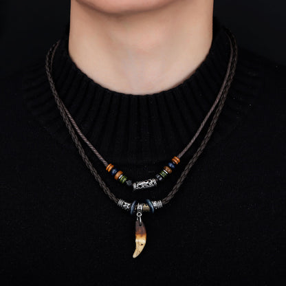 Rockyu ネイティブスタイルネックレス 狼牙ペンダント ビーズデザイン 調整可能コード付き