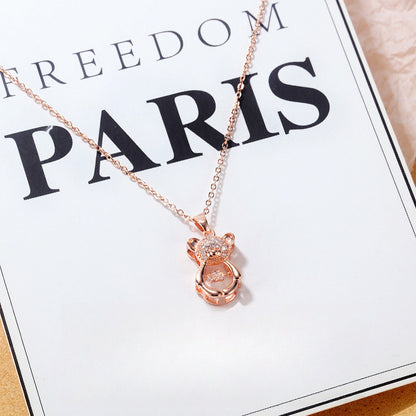 Rockyu ネックレス レディース テディベア CZ ピンクゴールド くまモチーフ 鎖骨チェーン