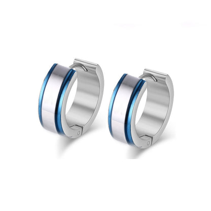 Rockyu ピアス 幅広フープ メンズ レディース シルバー×ブルー ステンレス 鏡面仕上げ 金属アレルギー対応