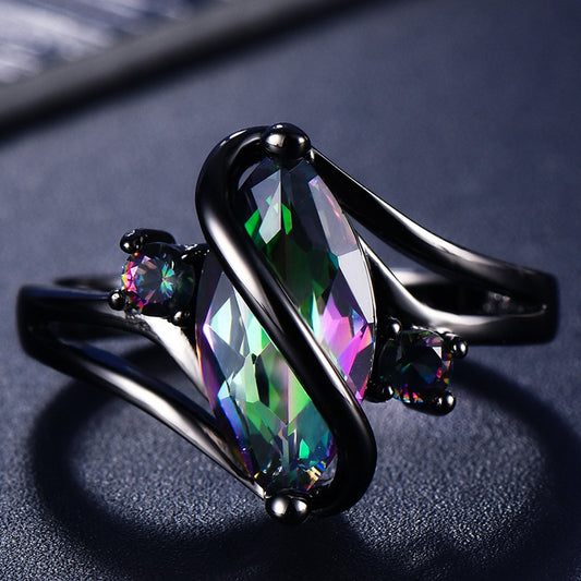 Rockyu 指輪 レディース 馬目カットガラスリング ブラックメッキ アレルギー対応 12色展開