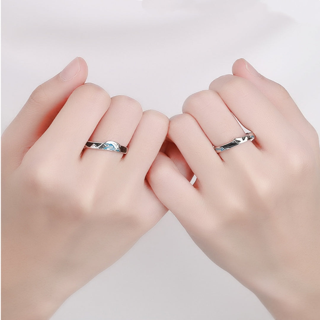 Rockyu 指輪 レディース フリーサイズ シルバー925 波・月モチーフ ブルーエナメル ペアリング風デザイン