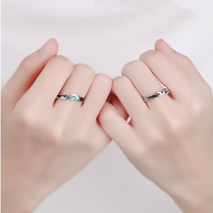 Rockyu 指輪 レディース フリーサイズ シルバー925 波・月モチーフ ブルーエナメル ペアリング風デザイン