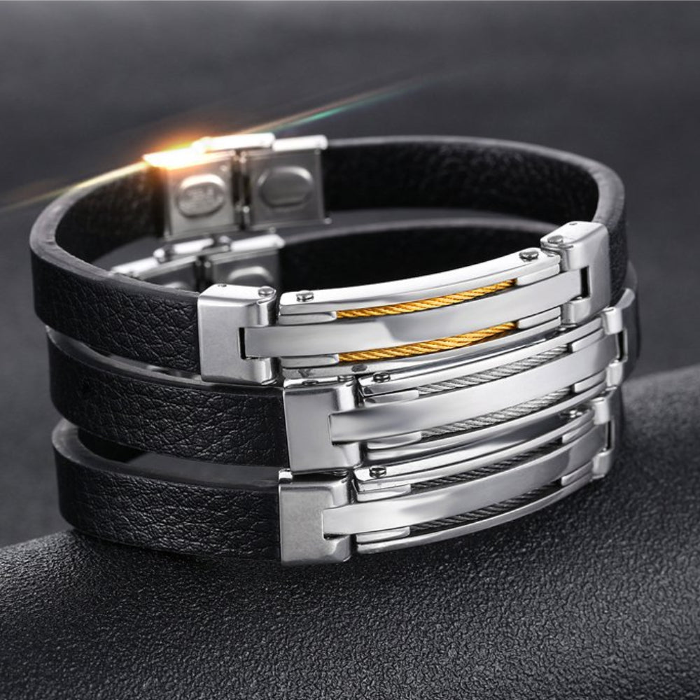 Rockyu メンズ ブレスレット ステンレス シリコン レザー プレート シンプル カジュアル アクセサリー