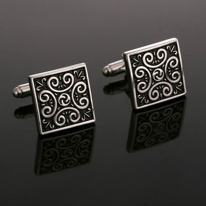 Rockyu カフスボタン メンズ 正方形 花模様 シルバー ゴールド ブラック 和風 アンティーク調