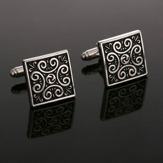 Rockyu カフスボタン メンズ 正方形 花模様 シルバー ゴールド ブラック 和風 アンティーク調