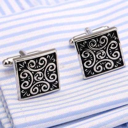 Rockyu カフスボタン メンズ 正方形 花模様 シルバー ゴールド ブラック 和風 アンティーク調