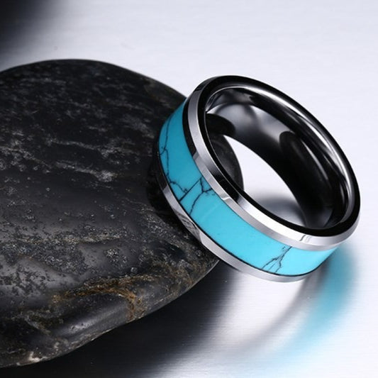 Rockyu タングステン 8mm ターコイズインレイリング メンズ レディース 幅広 ユニセックス
