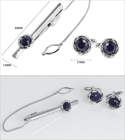 Rockyu カフスボタン＆タイピンセット メンズ ブルーサンドストーン 17mm ラウンド ステンレス製 ビジネス フォーマル ギフト