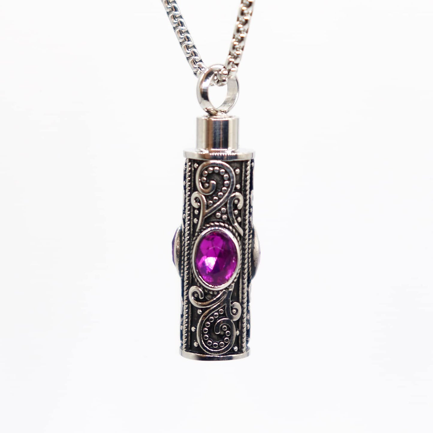 Rockyu ネックレス メンズ ステンレス シルバー 円柱 ジルコニア メモリアルペンダント 手元供養 遺骨ネックレス