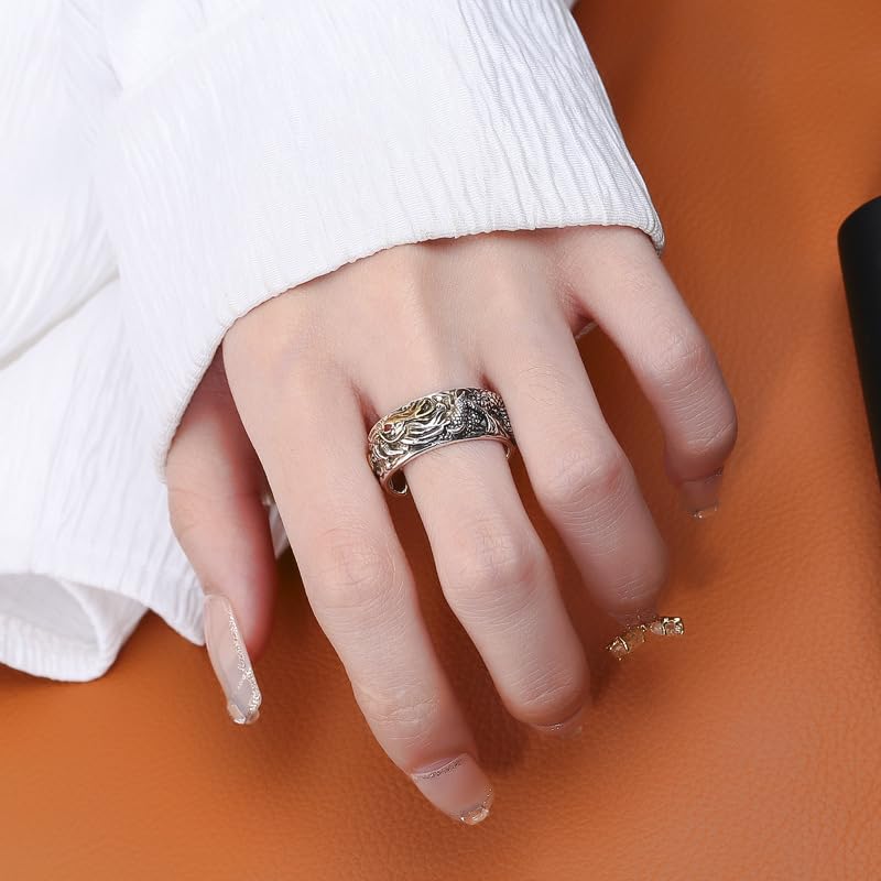 Rockyu 龍神シルバーリング メンズ レディース 太め 龍頭竜爪デザイン 開運お守りアクセサリー