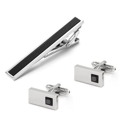 Rockyu ネクタイピン カフスセット メンズ 黒ジルコニア 長方形 ステンレス