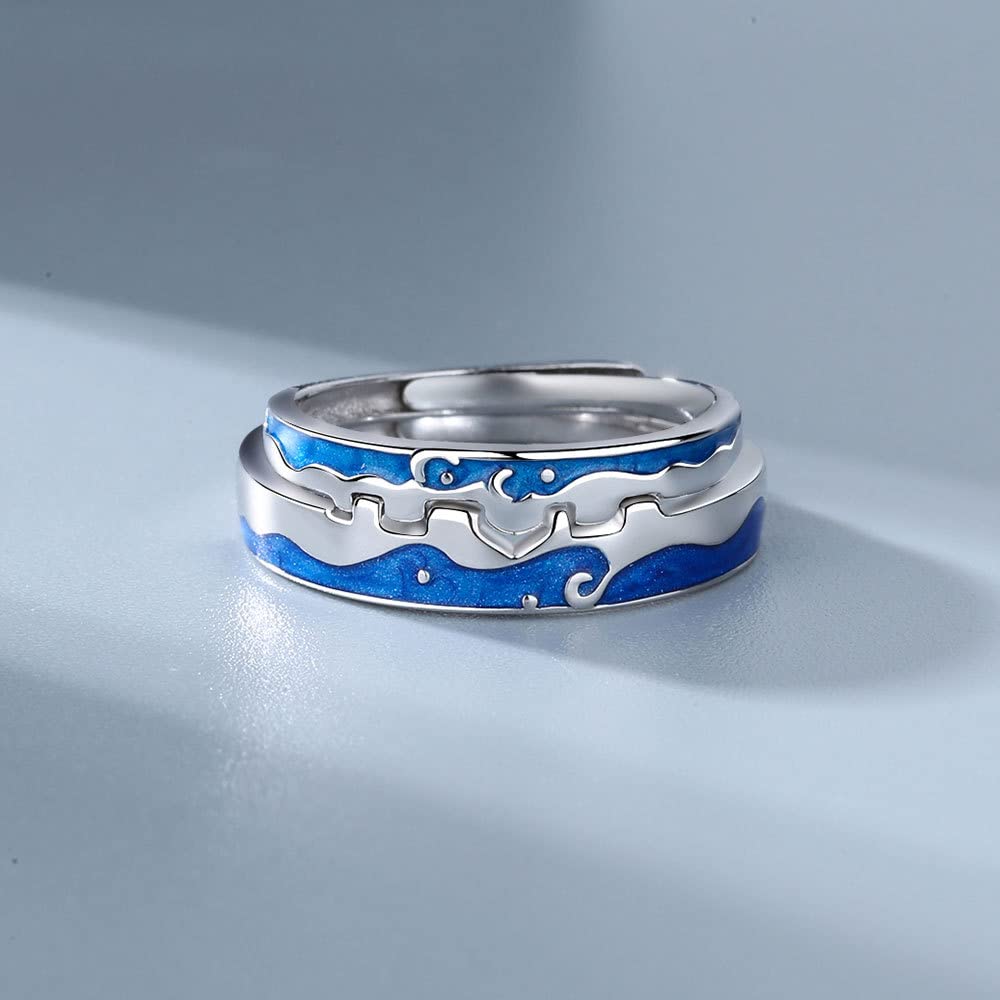 Rockyu ペアリング シルバー925 フリーサイズ 青波デザイン カップル指輪