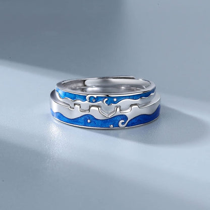 Rockyu ペアリング シルバー925 フリーサイズ 青波デザイン カップル指輪