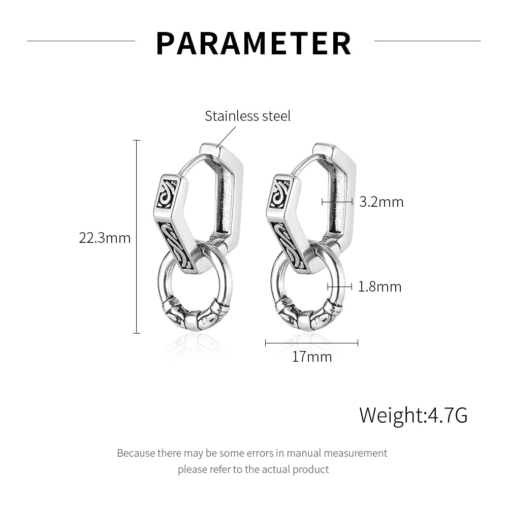 Rockyu ピアス メンズ ステンレス 六角形デザイン 彫刻入り 二重リング シルバー アレルギー対応