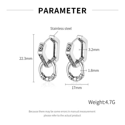 Rockyu ピアス メンズ ステンレス 六角形デザイン 彫刻入り 二重リング シルバー アレルギー対応