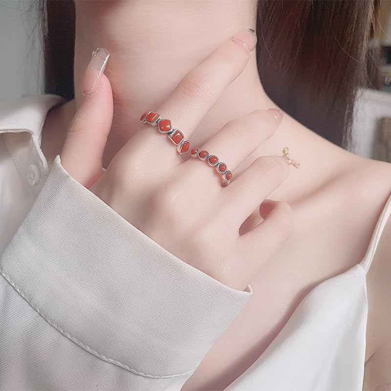 Rockyu 赤瑪瑙シルバーリング2点セット レトロでエレガントなデザイン シルバー925 フリーサイズ