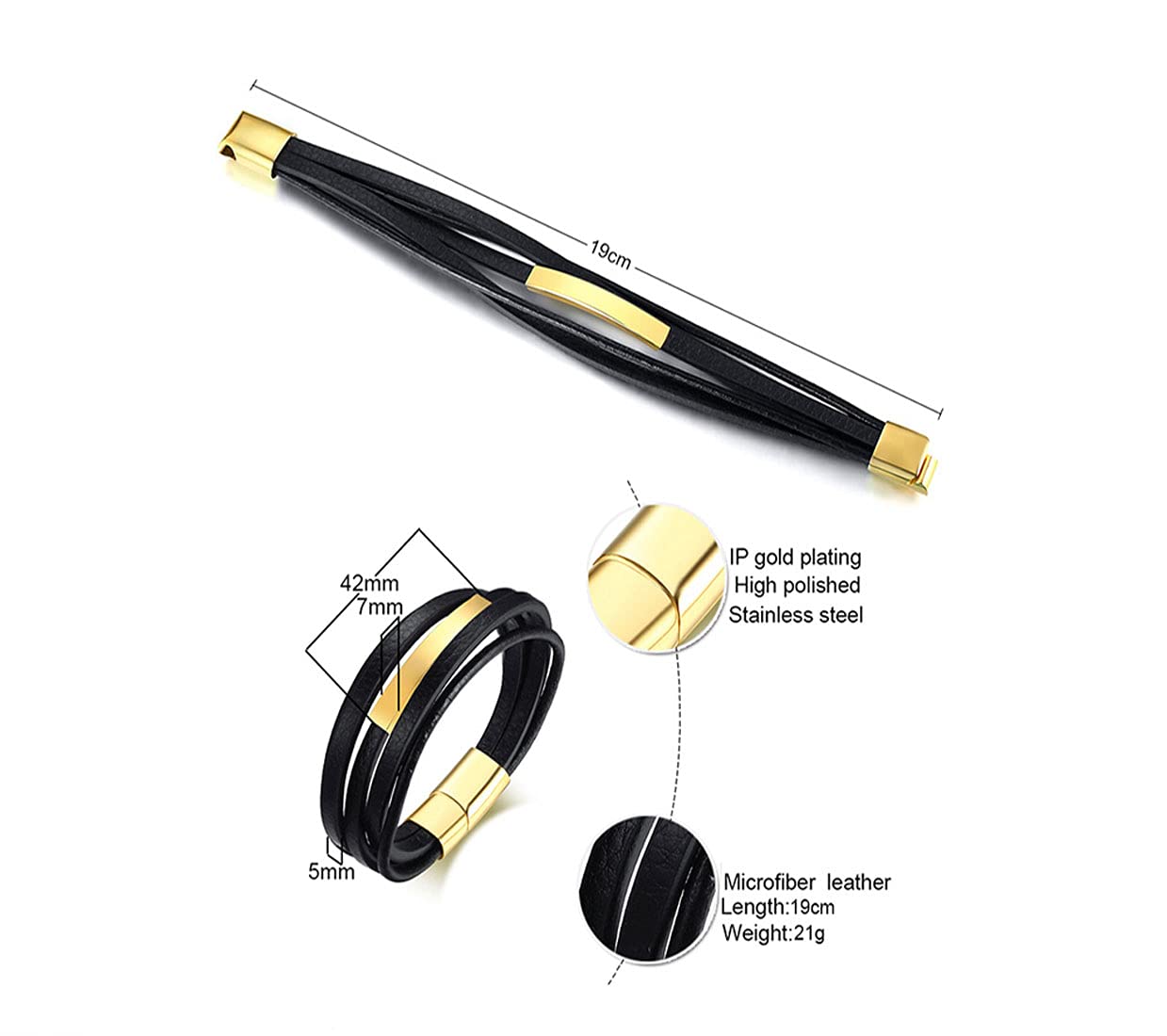 Rockyu ブレスレット メンズ ブラック レザー 多連 ステンレスプレート 金属アレルギー対応