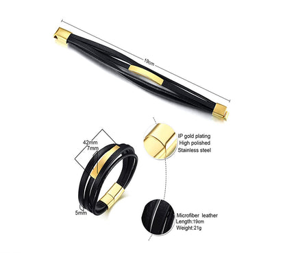 Rockyu ブレスレット メンズ ブラック レザー 多連 ステンレスプレート 金属アレルギー対応