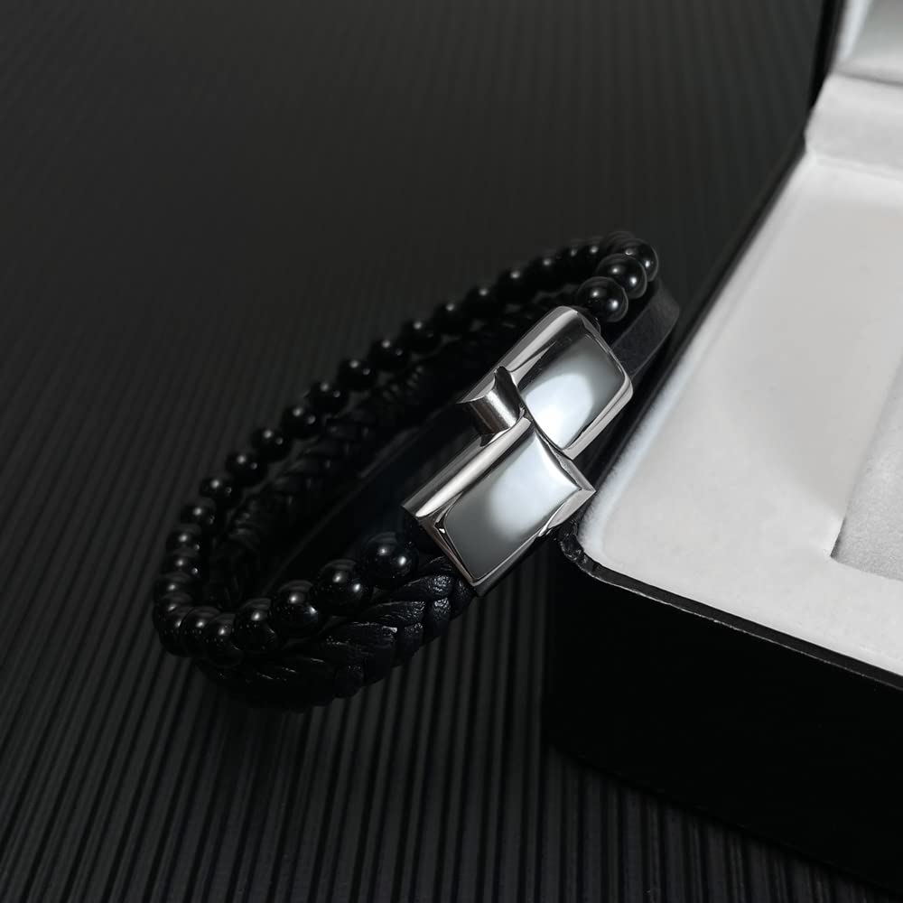 Rockyu ブレスレット メンズ クロスモチーフ 3連風 ブラックレザー＆数珠 シルバー/ブラック