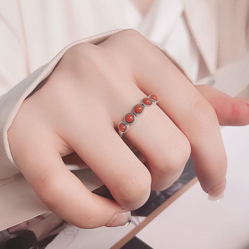 Rockyu 赤瑪瑙シルバーリング2点セット レトロでエレガントなデザイン シルバー925 フリーサイズ