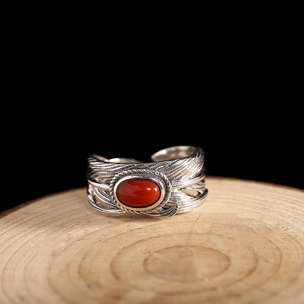 Rockyu 南紅瑪瑙 シルバー925 羽根モチーフリング アンティーク調 開口調整可能