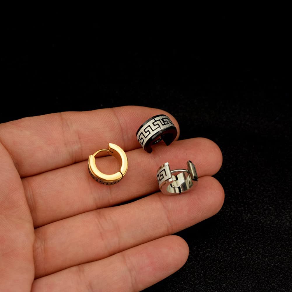 Rockyu ピアス メンズ ステンレス ブラック フープピアス 幾何学模様 幅広 リング 金属アレルギー対応