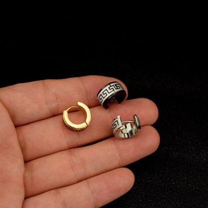 Rockyu ピアス メンズ ステンレス ブラック フープピアス 幾何学模様 幅広 リング 金属アレルギー対応