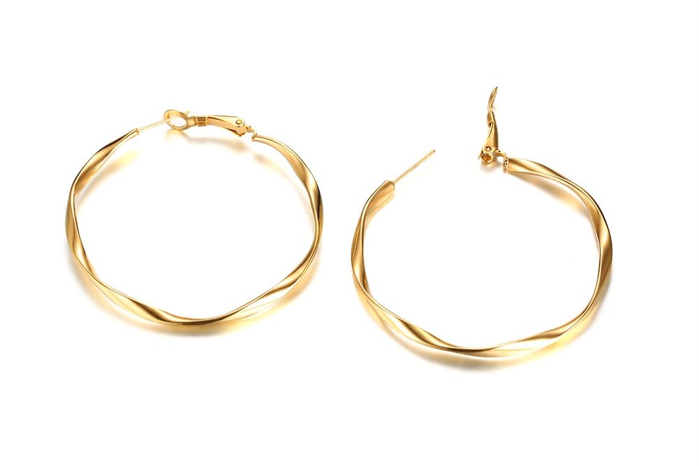 Rockyu フープピアス レディース 大ぶり ツイストフープ 軽量 ステンレス製 3色展開 金属アレルギー対応