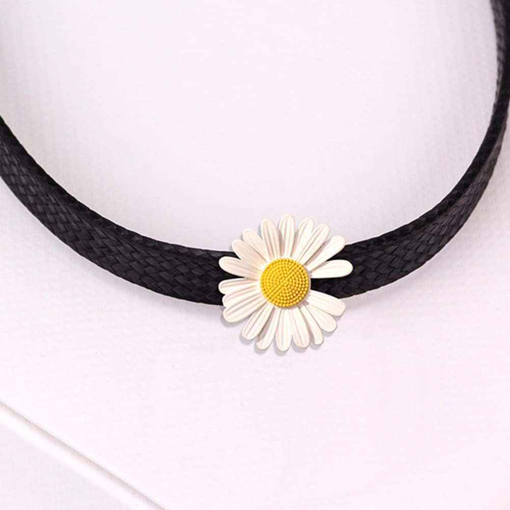 Rockyu チョーカー レディース 黒 レザー フラワー 雛菊 ペンダント 革紐チェーン